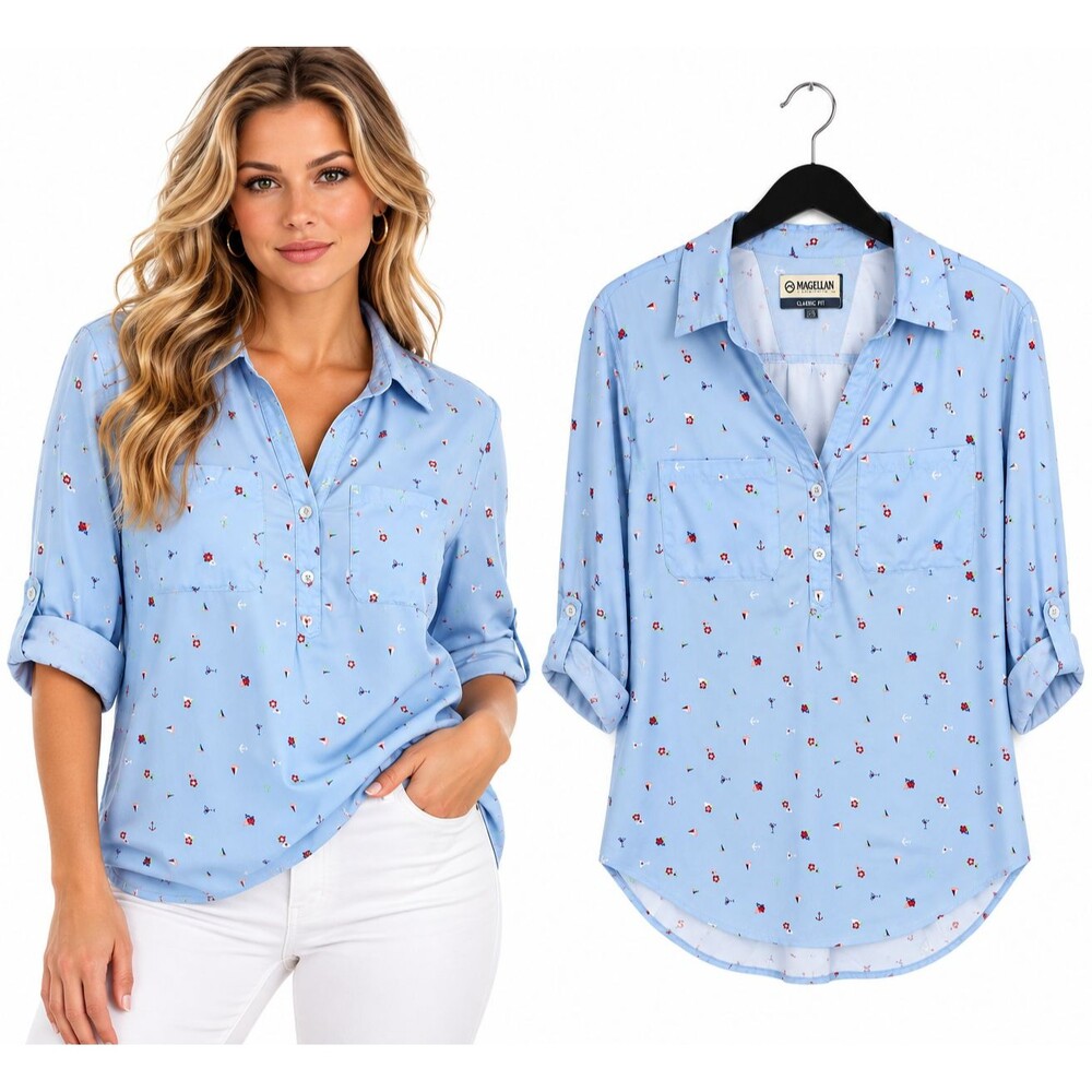 Magellan Fishing Shirt Blouse Size Medium Blue Nautical Print Roll Tab Sleeve